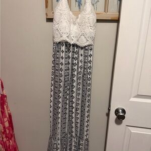 Derek Heart White Crochet Bodice Maxi Dress with Black Patterned Skirt